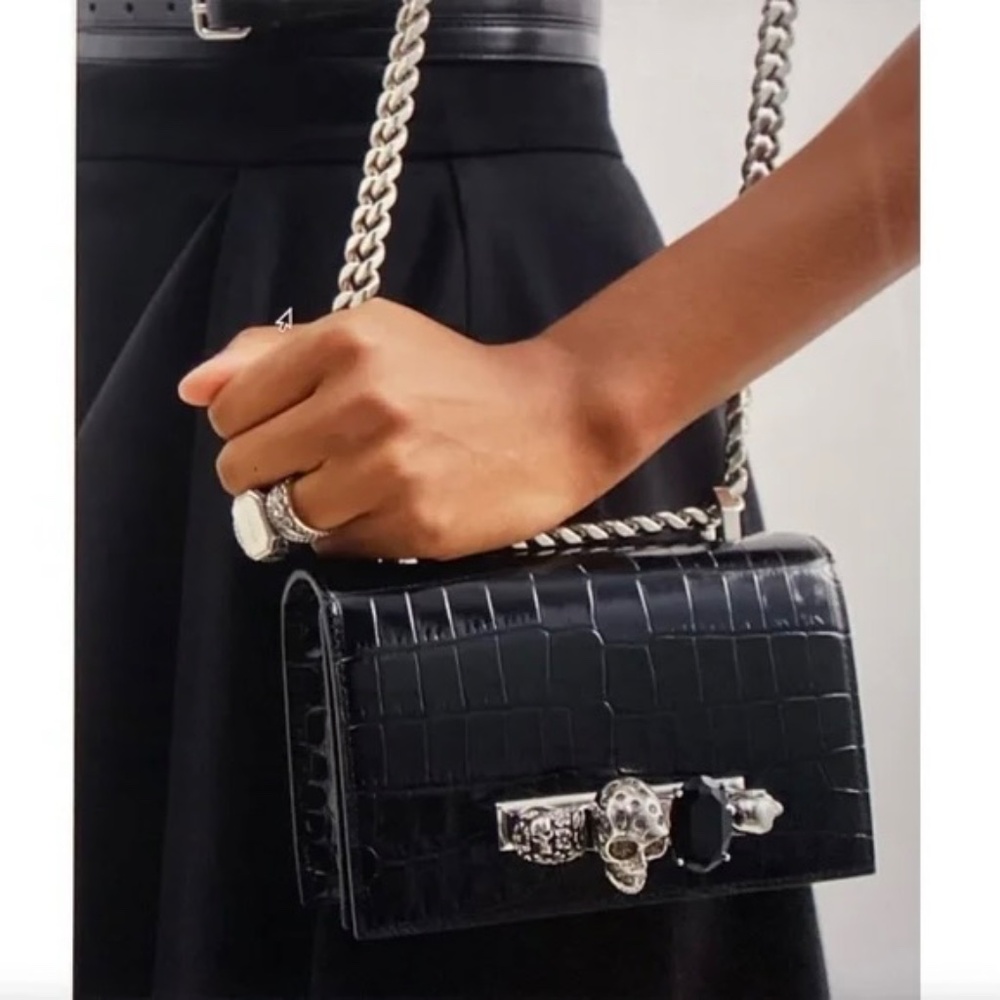 Alexander McQueen Black Croc Embossed Leather Jeweled Satchel Chain Bag